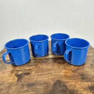 4 Enamel Ware Blue Speckled Metal Coffee Mugs Cup Cabin Camping Farmhouse 24 oz